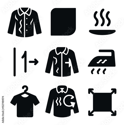 Wrinkle Solution Icons. Solid, filled icons set of clothing wrinkle solutions: wrinkled shirt, smooth fabric