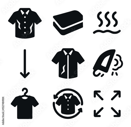 Wrinkle Solution Icons. Solid, filled icons set of clothing wrinkle solutions: wrinkled shirt, smooth fabric