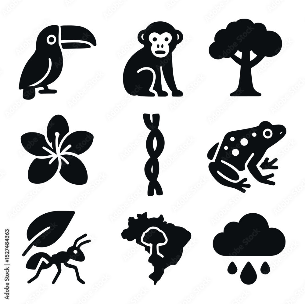 Fototapeta premium Tropical Rainforest Icons. Solid, filled icons set of tropical rainforest life: toucan, monkey, canopy tree,