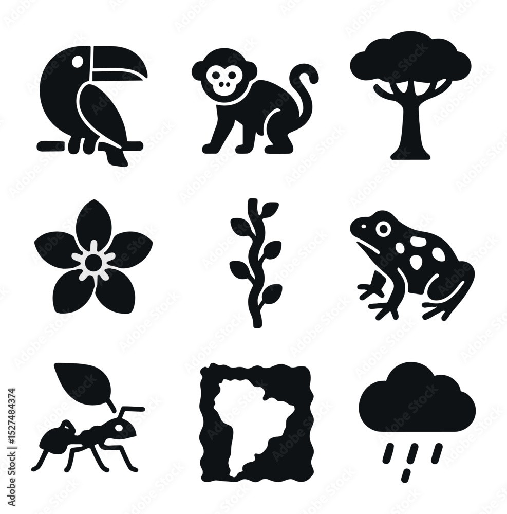 Fototapeta premium Tropical Rainforest Icons. Solid, filled icons set of tropical rainforest life: toucan, monkey, canopy tree,