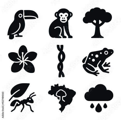 Tropical Rainforest Icons. Solid, filled icons set of tropical rainforest life: toucan, monkey, canopy tree,