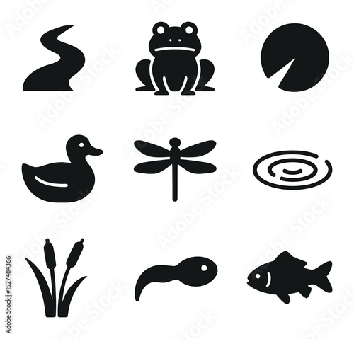 Freshwater Habitat Icons. Solid, filled icons set of freshwater habitats and species: river icon, frog, lily