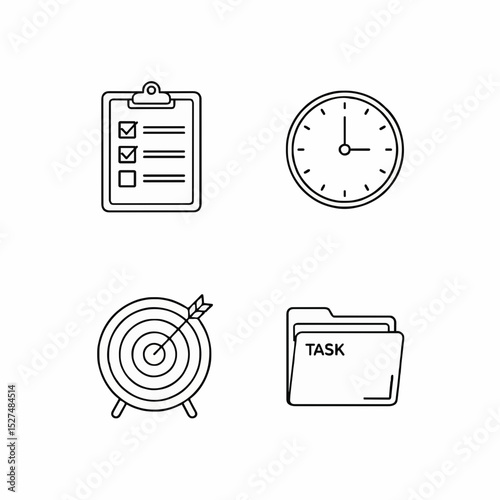 Black and white vector illustration of icons representing task management, productivity, and goal achievement in a simple and clean style.