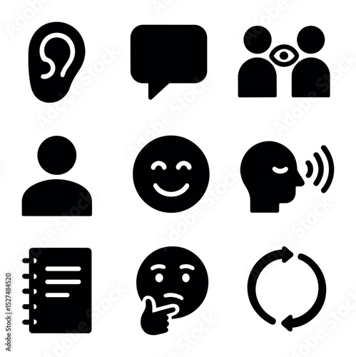 Listening Skills Icon Set. Solid, filled icons set of improving listening skills in communication: ear icon,
