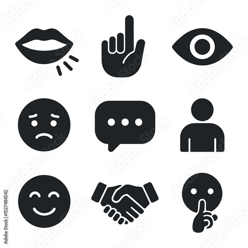 Communication Icons Grid. Solid, filled icons set of verbal and nonverbal communication: mouth speaking, hand