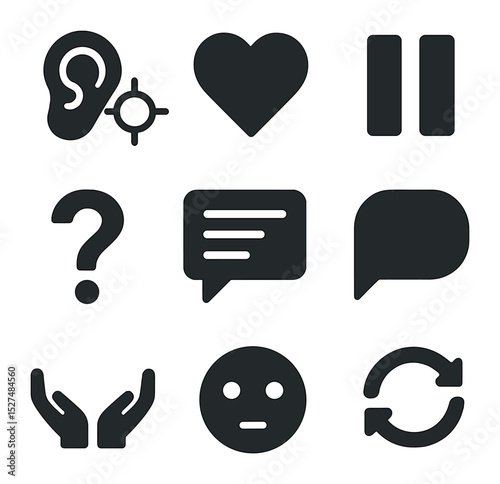 Active Listening Icons. Solid, filled icons set of active listening techniques: ear with focus, empathy heart,