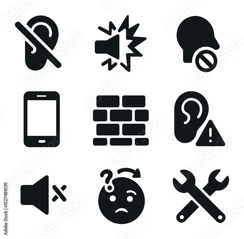 Communication Barriers Icons. Solid, filled icons set of communication barriers and solutions: crossed-out ear