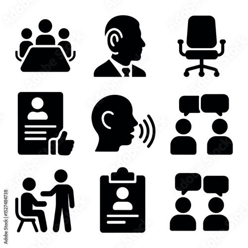 Professional Listening Icons. Solid, filled icons set of professional listening environments: boardroom icon,