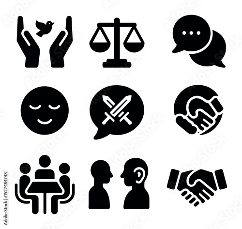 Conflict Resolution Icons. Solid, filled icons set of conflict resolution through listening: peace hands,