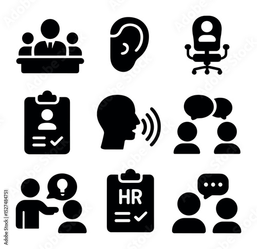 Professional Listening Icons. Solid, filled icons set of professional listening environments: boardroom icon,