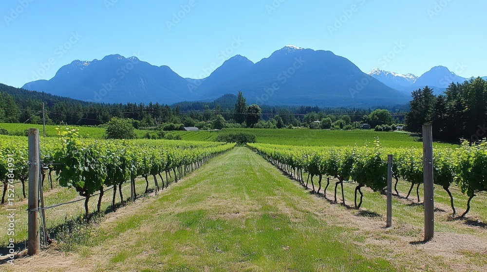 Fototapeta premium Vineyard Rows Stretch Toward Mountains