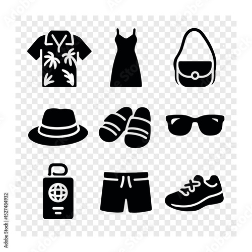 Vacation Fashion Icons. Solid, filled icons set of vacation fashion looks: tropical print shirt, maxi dress,