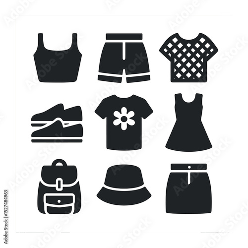 Summer Outfit Icons. Solid, filled icons set of casual summer outfits: crop top, high-waisted shorts, mesh top