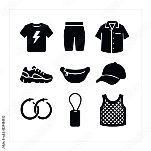 Street Style Icons. Solid, filled icons set of street style summer fashion: graphic tee, bike shorts,