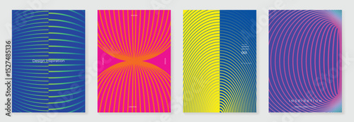Abstract line wave gradient poster background vector set. Minimalist cover template with vibrant perspective line wave in motion. Ideal design for social media, cover, banner, flyer, music, ads.