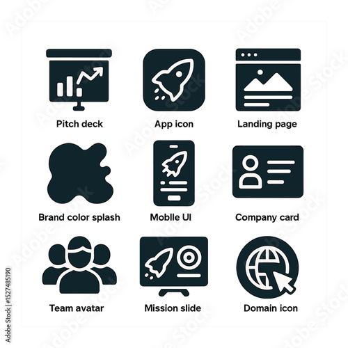 Startup Branding Essentials Icons. Solid, filled icons set of startup branding essentials: pitch deck, app