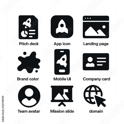 Startup Branding Essentials Icons. Solid, filled icons set of startup branding essentials: pitch deck, app