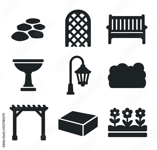 Garden Design Icons. Solid, filled icons set of garden design features: stone path, trellis arch, garden bench