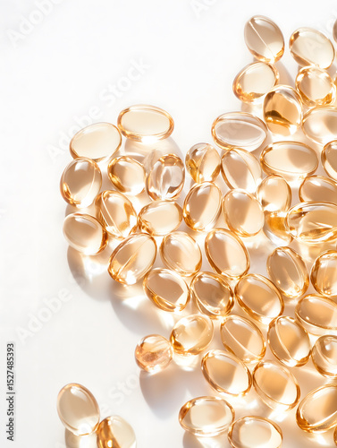 Close-up shot of numerous translucent amber softgel capsules scattered on a bright surface, illuminated by a soft light source.  
