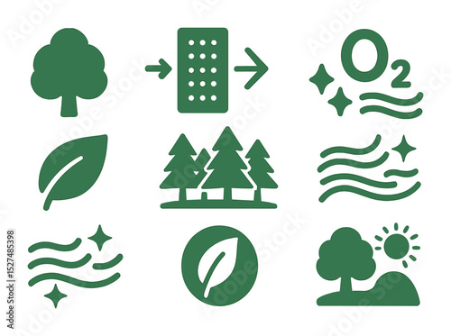 Green Air Filtration Icons. Solid, filled icons set of green air filtration by trees: tree icon, carbon filter