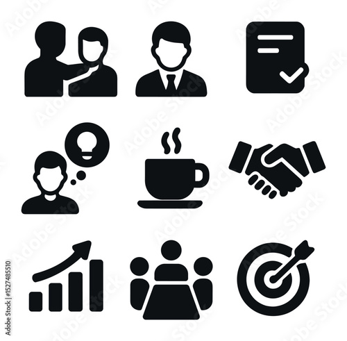 Business Advice Icons. Solid, filled icons set of personalized business advice: mentor icon, young