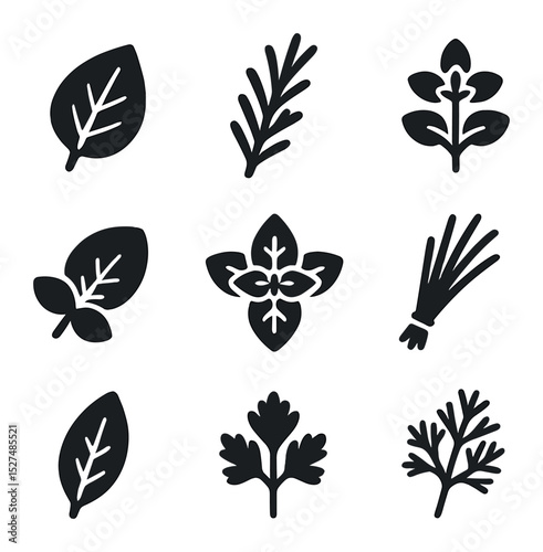 Herb Garden Icons. Solid, filled icons set of herb garden essentials: basil leaf, rosemary sprig, thyme bunch,