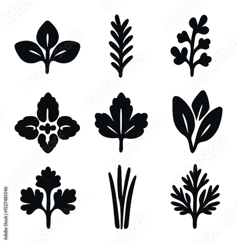Herb Icon Grid. Solid, filled icons set of fresh herb kitchen basics: basil icon, rosemary icon, thyme icon,