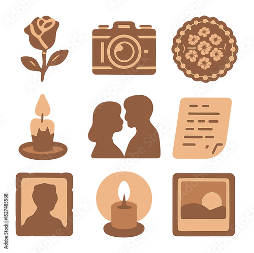 Dreamy Love Icons. Solid, filled icons set of dreamy vintage love scenes: rose icon, antique camera, lace