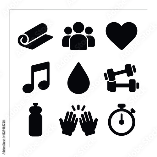 Community Fitness Icons. Solid, filled icons set of community fitness vibes: exercise mat, group icon, heart