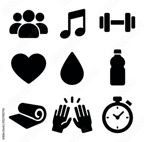 Collaborative Fitness Icons. Solid, filled icons set of collaborative fitness energy: group icon, music note,