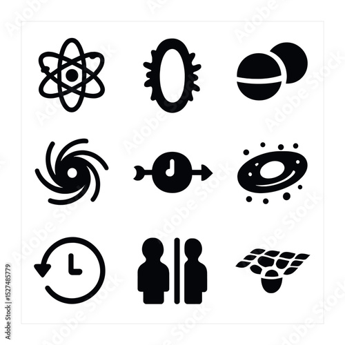 Multiverse Science Icons. Solid, filled icons set of science and multiverse theories: quantum icon, portal