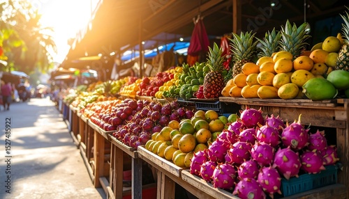 Colorful Fruit and Vegetable Market Display in Sunlight