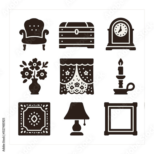 Cozy Vintage Room Icons. Solid, filled icons set of cozy vintage room design: antique chair, wooden chest, old