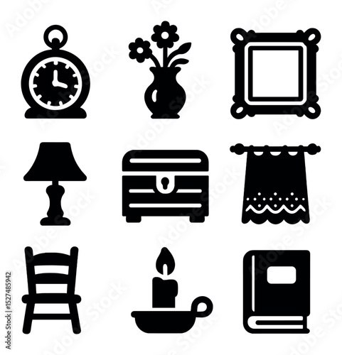 Heritage Home Icons. Solid, filled icons set of heritage home accents: vintage clock, floral vase, ornate