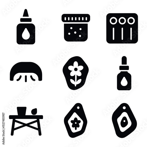 Resin Jewelry Icons. Solid, filled icons set of resin jewelry and decor: resin bottle, glitter pot, silicone