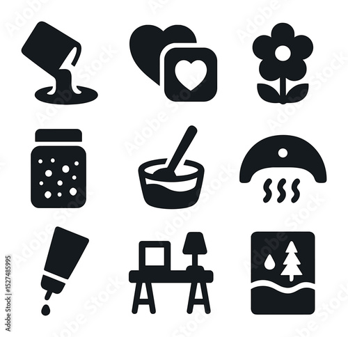 Creative Resin Icon Set. Solid, filled icons set of creative resin decor projects: resin pour, silicone mold,