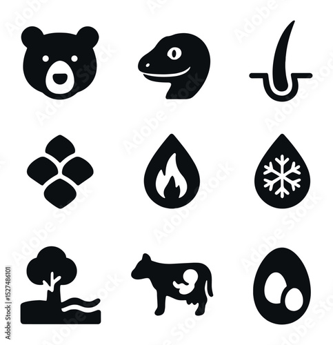 Mammals vs Reptiles Icons. Solid, filled icons set of unique features of mammals and reptiles: mammal icon,