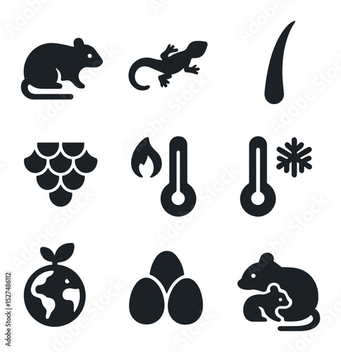 Animal Trait Icons. Solid, filled icons set of animal classification traits: mammal icon, reptile icon, hair