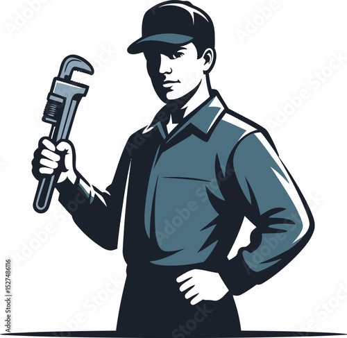 Expert Plumber Ready to Serve: A skilled plumber, ready to tackle any challenge, confidently holds a wrench, embodying expertise and readiness for any plumbing task or repair.
