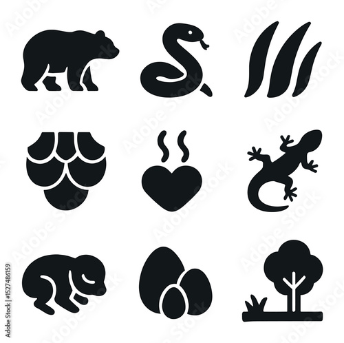 Wildlife Icons Grid. Solid, filled icons set of wildlife diversity: mammal icon, reptile icon, fur detail,