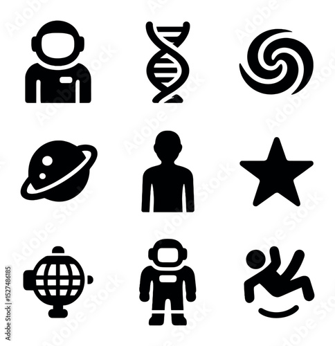 Alien Environment Icons. Solid, filled icons set of adapting to alien environments: astronaut icon, DNA helix,