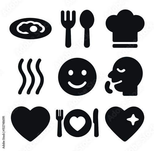 Culinary Icon Set. Solid, filled icons set of enjoying delicious cuisine: plate of food, spoon and fork, steam