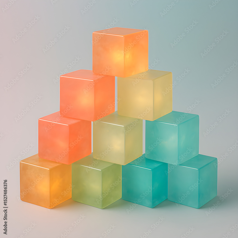 Obraz premium A vibrant pyramid of translucent cubes in warm and cool tones, creating a modern and artistic composition.