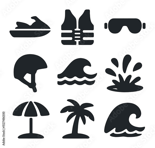 Coastal Sports Icons. Solid, filled icons set of coastal water sports: jet ski icon, life vest, goggles icon,
