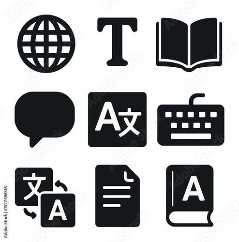 Global Communication Icons. Solid, filled icons set of global communication and multilingual content: globe