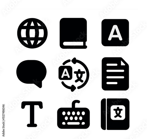 Multilingual Resource Icons. Solid, filled icons set of global multilingual resources: globe icon, book icon,