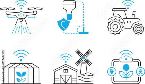 Modern Agriculture Icons: A collection of vector icons representing modern agriculture technology, including a drone, smart irrigation, tractor, greenhouse, barn, windmill, and plant monitor.