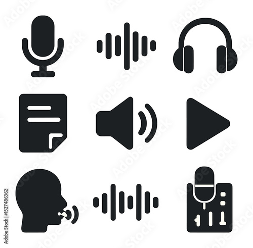Audio Icon Grid. Solid, filled icons set of audio narration for media: microphone icon, sound wave, headphones