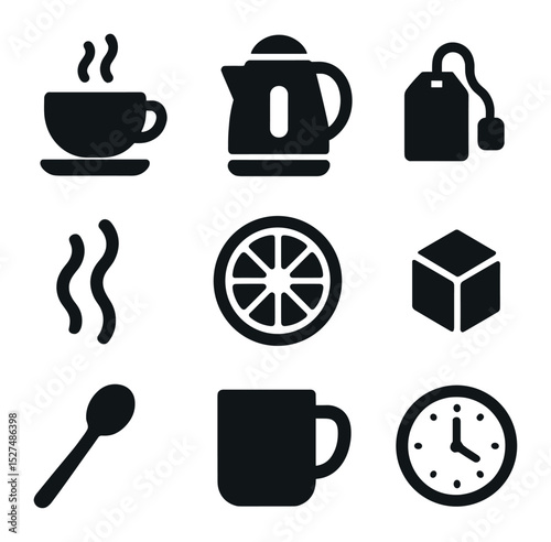 Office Tea Break Icons. Solid, filled icons set of office tea break moments: teacup icon, kettle icon, tea bag