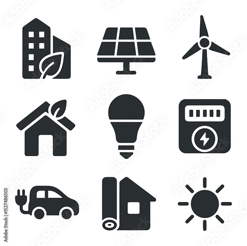 Net-Zero Energy Icons. Solid, filled icons set of modern net-zero energy solutions: green building, solar